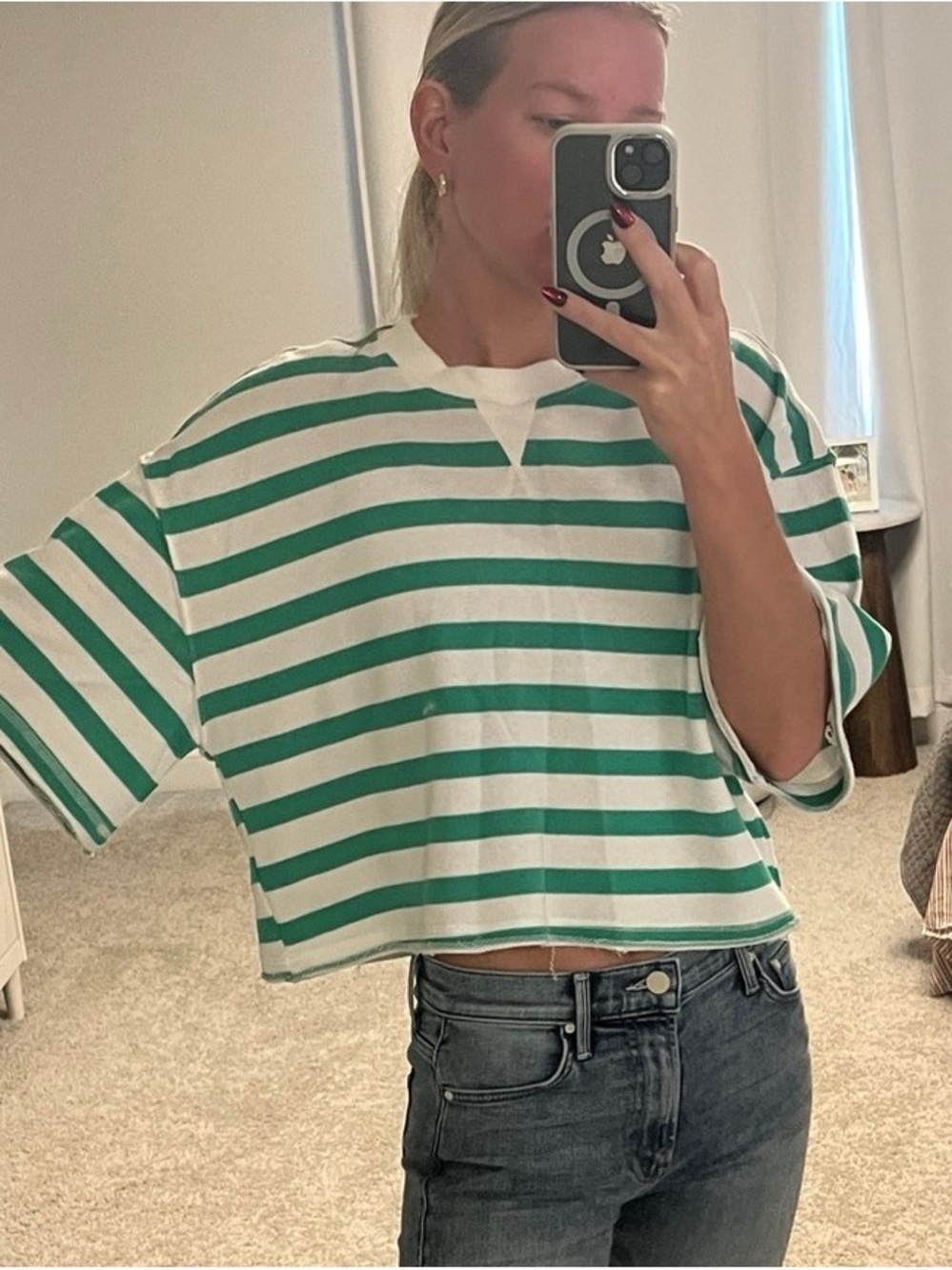 Women's Green & White Striped Crop Tee